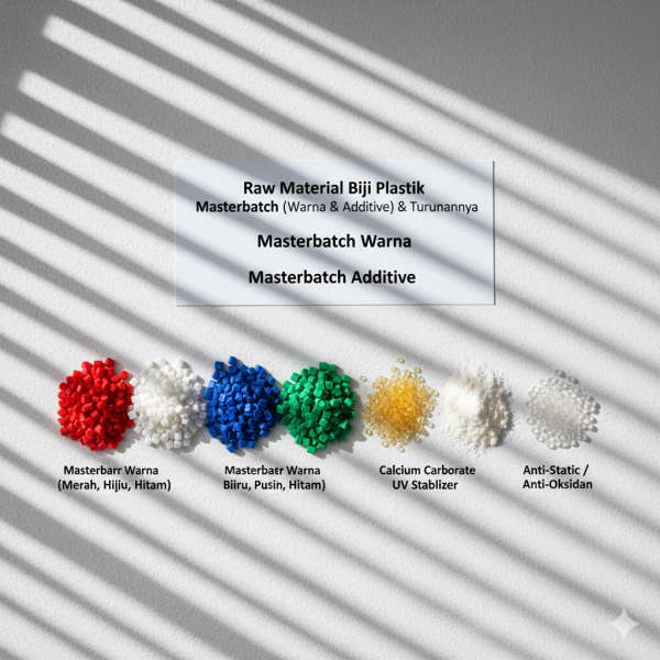 Masterbatch (warna & additive) Turunan Produk: Masterbatch warna (merah, biru, hijau, putih, hitam, dll.), Masterbatch additive (UV stabilizer, anti-oksidan, anti-static, filler calcium carbonate).