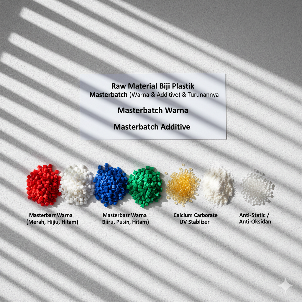 Masterbatch (warna & additive) Turunan Produk: Masterbatch warna (merah, biru, hijau, putih, hitam, dll.), Masterbatch additive (UV stabilizer, anti-oksidan, anti-static, filler calcium carbonate).