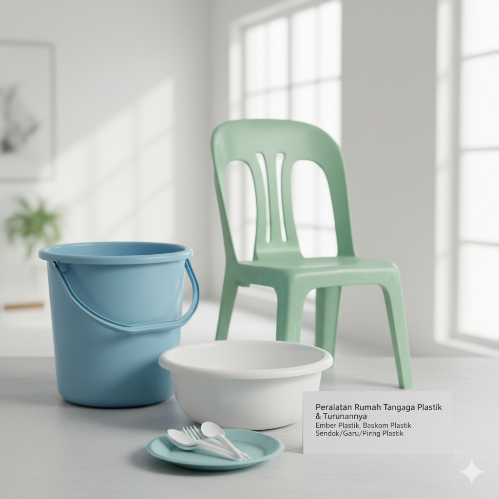 Peralatan rumah tangga (ember, baskom, sendok, kursi plastik)