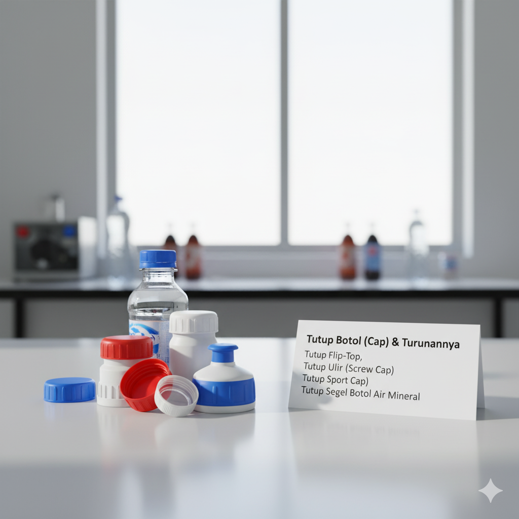 utup botol (cap) Turunan Produk: Tutup flip-top, Tutup ulir (screw cap), Tutup sport cap (minuman olahraga), Tutup segel botol air mineral.