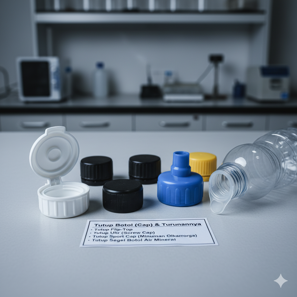 utup botol (cap) Turunan Produk: Tutup flip-top, Tutup ulir (screw cap), Tutup sport cap (minuman olahraga), Tutup segel botol air mineral.