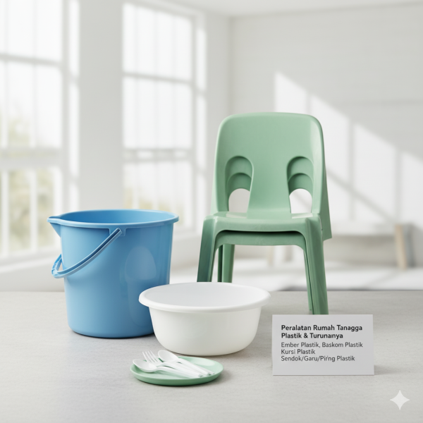 Peralatan rumah tangga (ember, baskom, sendok, kursi plastik)